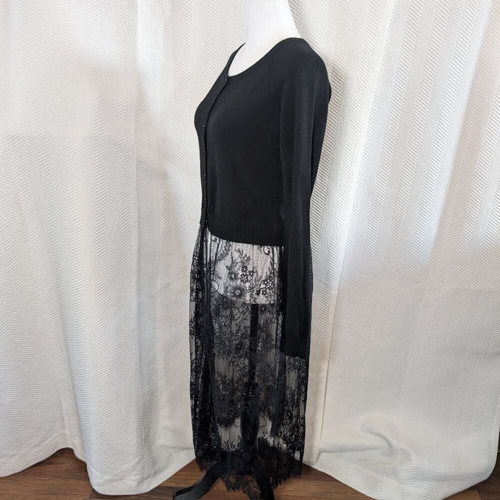 Vivian Shyu Italy Cardigan Dress Black Knit Long Lace Hem Skirt Small Whimsigoth